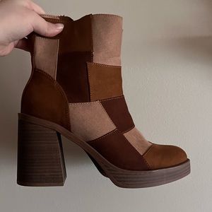 colorblock patchwork brown high heel ankle boots
